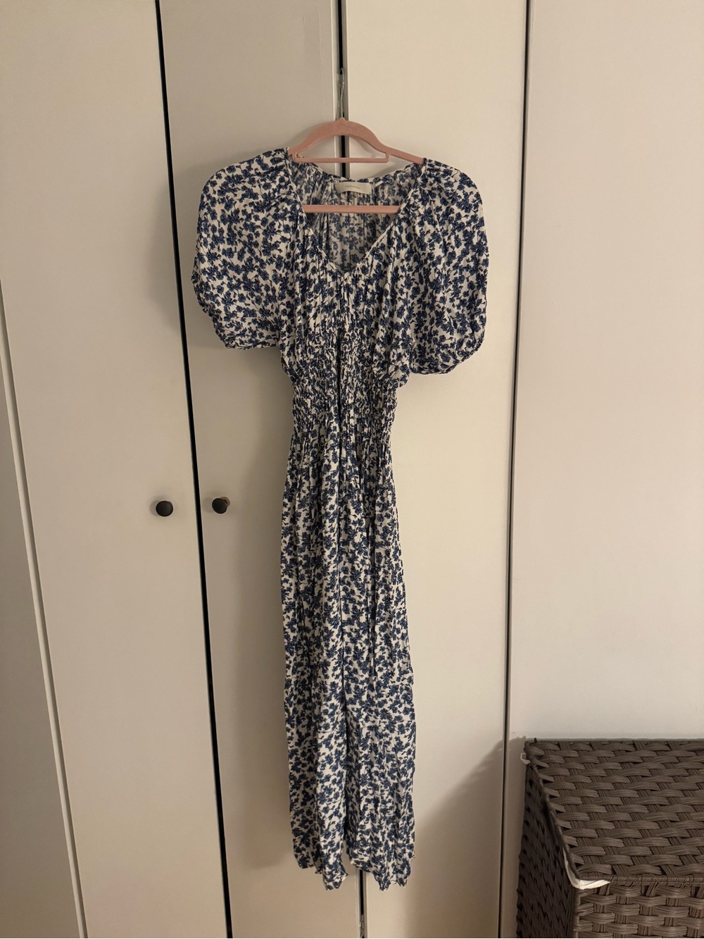 Faithfull the Brand Blue and White Floral Puff-Sleeve Maxi Dress